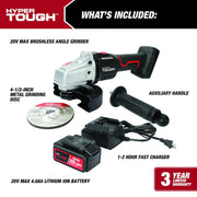 Hyper Tough 20V Brushless Cordless Angle Grinder, 4.5-Inch Wheel, Battery and Charger Included, Black, 6073