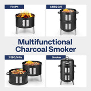 SPECSTAR 3-in-1 Vertical Charcoal Smoker BBQ Grill with Built-in Thermometer, Adjustable Air Vent, 2 Access Doors, Black
