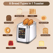 Mecity Touch Screen Toaster, 2 Slice, 5 Browning Levels, 8 Bread Programs, Automatic Lift, Keep Warm Function, Stainless Steel, 1200W