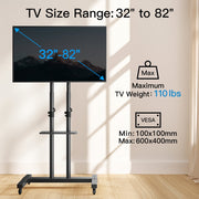 MountFTV Modern Rolling TV Stand with Metal Shelf for 32-82 Inch TVs