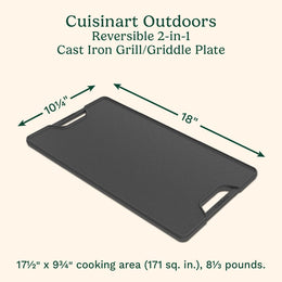 Cuisinart 2-in-1 Reversible Cast Iron Grill and Griddle Plate, Pre-Seasoned, 17.5 x 9.75 in