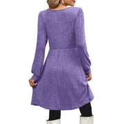 SHINE UP Womens Fall Dress, Square Neck, Long Puff Sleeves, High Empire Waist, Knee Length, Purple, Loose Fit with Pockets