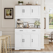Homfa 74in Pantry Cabinet with Hutch, Tall Kitchen Storage Cabinet with Oak Countertop, White, 6 Doors, 4 Shelves, 2 Drawers