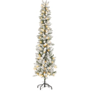 MCQ 9FT Flocked Pencil Christmas Tree, Pre-Lit with 500 Warm Incandescent LED Lights, 8 Light Modes, Realistic Green PVC Branches, Durable Metal Base, Indoor Decor