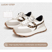 Lucky Step Womens Retro Platform Sneakers, Grey Leopard, 1.81-Inch Heel, Breathable PU Fabric Upper, Anti-Slip Rubber Sole