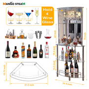 Mango Steam Chrome 3-Tier Corner Bar Tower with Tempered Glass Shelves and Mirrored Panels, Modern Home Bar Furniture, 31.5 in L x 15.75 in W x 73 in H, 20081