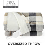 Sunbeam 13691 Electric Heated Throw Blanket Neutral Plaid Super Soft Microplush 4 Heat Settings Oversized 60x80