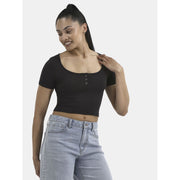 No Boundaries Women's Seamless Scoop Henley Tee, Slim Fit, Black Soot