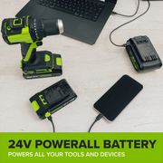 Greenworks 3 SERIES-DRILL/DR 24V Cordless Drill Driver, 400 in-lb Torque, 1/2 in Keyless Ratcheting Metal Chuck, 20+1 Clutch Positions, 2.0Ah USB-C Battery with Fast Charger, DD340A1