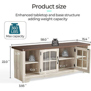 LINSY HOME Modern Farmhouse TV Stand with Adjustable Shelves and Glass Panel Doors, Oak Finish, Fits TVs up to 65 Inches