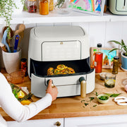 Made By Gather Beautiful 9 Qt TriZone Dual Basket Air Fryer with EverGood Ceramic Nonstick Coating, Touchscreen Control, White Icing, 1200W, 29063