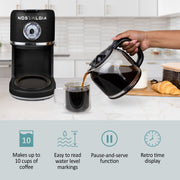 Nostalgia Classic Retro 10-Cup Drip Coffee Maker, One Button Brewing, Auto Shut-Off, Anti-Drip Pause, Time Display, Black, NCRCOF10BK6A