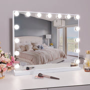 COOLJEEN Large Hollywood Vanity Makeup Mirror with 15 LED Lights, Adjustable Brightness, 3 Color Modes, 10x Magnification, White Metal Frame, Wall Mount and Tabletop, 5846NU-White