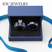 IOU 3pc Couples Wedding Ring Set, Sterling Silver Women's Band with 14 Heart-Cut Blue Moissanite Stones, Titanium Men's Band, Gift Box Included