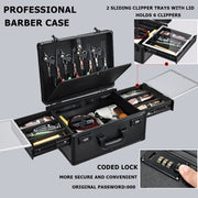 Velore Professional Barber Case, Aluminum Construction, Large Black Organizer with 6 Clipper Slots, Sliding Trays, Double Padlock, PU Leather Handle