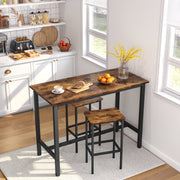 JOZ 3-Piece Bar Table Set with 2 Backless Stools, 47.2 in Rectangular Pub Table, Rustic Brown Metal Frame, Space-Saving Dining Room Set