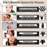 Obacre 5-in-1 Electric Shaver for Women, 7D Floating Head Razor, Waterproof Wet & Dry Cordless Body Groomer with Detachable Heads, Black