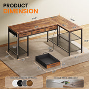 Amadwell 55 Inch L Shaped Office Desk with Built-In Power Outlets, 3 Fabric Drawers, Mesh Shelves, Rustic Brown
