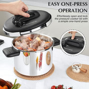 KOCH SYSTEME CS Stainless Steel Pressure Cooker, 8.5QT Capacity, 18/10 Food-Grade Stainless Steel, Induction Ready, Easy One-Press Lock, Glass Lid with Steamer, 3 Adjustable Pressure Settings