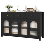 Homfa FPB-248 55'' Large Sideboard Buffet Cabinet with 3 Drawers and 4 Glass Doors, Black Kitchen Storage Cabinet