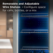 TCL Beverage Cooler, 1.8 Cu Ft, Single Zone, 50 Can Capacity, Black with Stainless Steel Trim, Tempered Glass Door, Adjustable 38-50F, LED Lighting, TRV050FAS
