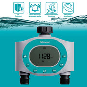 Gilmour Dual Outlet Water Timer, Programmable Dual Zone, LCD Screen, Rain Delay, Leak Alert, Battery Operated