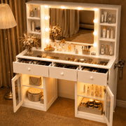 Ktaxon Makeup Vanity Table with Soft LED Lighted Mirror, Glass Tabletop, Integrated Charging Station, Illuminated Glass Cabinet, White, 41.38in x 15.79in x 53.7in, 16609151533