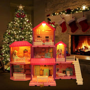Huge Wave Dollhouse Playset, 36 Inch Four-Story, 11 Large Furnished Rooms, Pink, Includes Articulated Doll Figures and Warm Lighting, 19011-1A