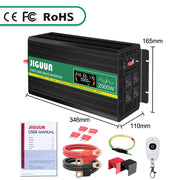JIGUUN 2000W Pure Sine Wave Power Inverter with Wireless Remote Control, LCD Display, 4 AC Outlets, USB Port, Black