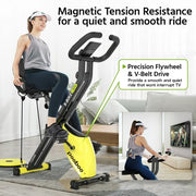 Pooboo 4in1 Folding Exercise Bike Indoor Cycling Bike Stationary Magnetic x Bike Gym Workout 300lb, Yellow & Black