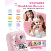 Seckton Dual-Lens Instant Print Camera for Kids, 48MP Digital Camera with 1080P Video, Black-and-White Thermal Printing, 1300mAh Battery, Pink or Blue