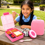 PoppiKids Bento Lunch Box Set with 4-Section Leak Proof Container, Insulated Stainless Steel Thermos Food Jar, Spoon and Fork Utensils, Insulated Lunch Bag, Pink