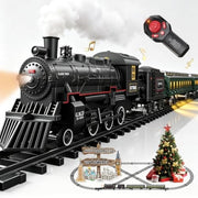 BUBUQE Electric Train Set, Metal Alloy Steam Locomotive with Glowing Passenger Cars, Remote Control, Light and Sound Effects, Deluxe 2026 Christmas Toy, 35-5L