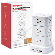 Honeywell Power Tower Charging Station, 15 AC Outlets, 3 USB Ports with 20W USB-C Power Delivery, 900 Joules Surge Protector, 4ft Extension Cord, White