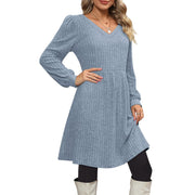 SHINE UP Womens Dress, V Neck, Long Puff Sleeves, Knee Length, Loose Fit with Pockets, XL, Blue