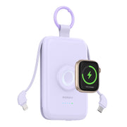 Rorry Portable Charger 10000mAh with Built-In USB-C and iOS Cables, 20W Fast Charging Power Bank, Magnetic Wireless Charger for Apple Watch, Purple, C2-10000