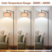 SUNMORY 63 in Dimmable Arc Floor Lamp with 3-in-1 Rattan and Linen Drum Shades, Black, Boho Farmhouse Style, 9W LED SR000026_BK