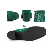 BLISSFUL STEP Women's Ankle Boots, Floral Lace Design, Square Toe, Lace-Up and Side Zip Closure, 2.4-Inch Block Heel, Green, Size 9