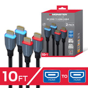 Monster HDMI Cable 2 Pack, 10 Ft, Ultra High Speed HDMI 2.1, 48Gbps Bandwidth, 8K 60Hz, 4K 144Hz Gaming, LED Illuminated Connectors