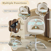 VINGLI Small Vanity Table with Wheels for Girls. Modern Height-Adjustable Armless Office Desk Chair. Comfortable 360 Swivel Wheeled Chair for Study, Makeup Room, Small Space, White Linen