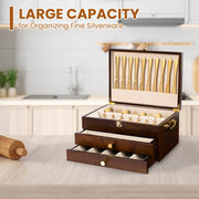 Honiway Wooden Silverware Storage Box, 3-Layer Flatware Case with Drawer, Walnut Finish, Linen Liner, Handle