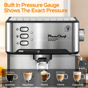 Plum Chef Semi-Automatic Espresso Machine, 20 Bar Italian Pump, Stainless Steel, Milk Frother Steam Wand, 54oz Water Tank