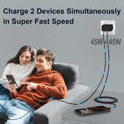 Fashia A450F-2C-BLK10FT 45W Dual Port USB C Fast Charger 2-Pack with 60W 10FT USB C Cable
