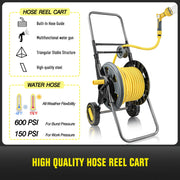 Hortem Garden Hose Reel Cart with 100FT Rubber Hose, 6FT Leader Hose, Adjustable 10-Pattern Sprayer Nozzle, Durable Metal Frame, Smooth-Rolling Wheels