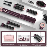 PARWIN PRO BEAUTY 7-in-1 Dual Voltage Hair Styler with Air Straightener, 28mm Auto Wrap Curlers, Paddle Brush, Blow Dryer, Jasper Plum, AB0326C