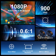 Magcubic HY450 Ultra Short Throw Smart Projector, Native 1080P, 4K Support, 900 ANSI Lumens, Auto Focus & Correction, WiFi 6, Bluetooth 5.4, Dual HIFI Speakers