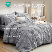 U by Bedsure Queen Comforter Set, 7-Piece Grey Pintuck Bedding Set, All-Season Microfiber Comforter with Flat Sheet, Fitted Sheet, Pillowcases, and Shams