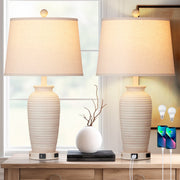 Cinkeda Farmhouse Jar Table Lamp Set of 2 with 3-Way Dimmable Touch Control, USB A+C Ports, AC Outlet, White Resin with Beige Linen Shade, 24 in, WMTD-330