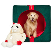 Vibrant Life Holiday Gift Extra Large Pet Bed, Green Corduroy Cube with Red Bow, 36 in x 27 in x 36 in