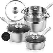 Koch Systeme CS Hybrid Nonstick Saucepan Set, 1 Quart, 2 Quart, 3 Quart, Stainless Steel with Lids and Steamer Basket